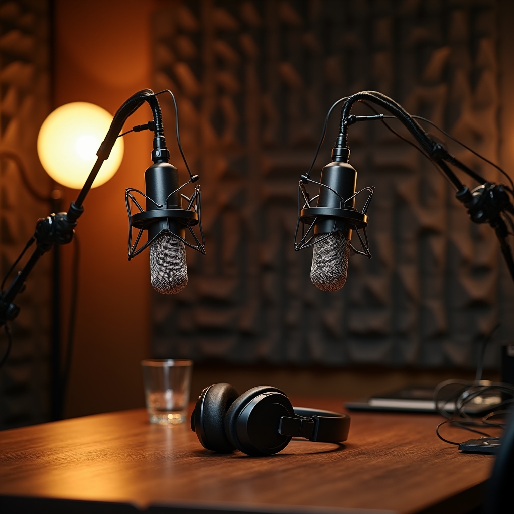 Gemütliches Podcast-Studio mit warmem Licht und Mikrofonen